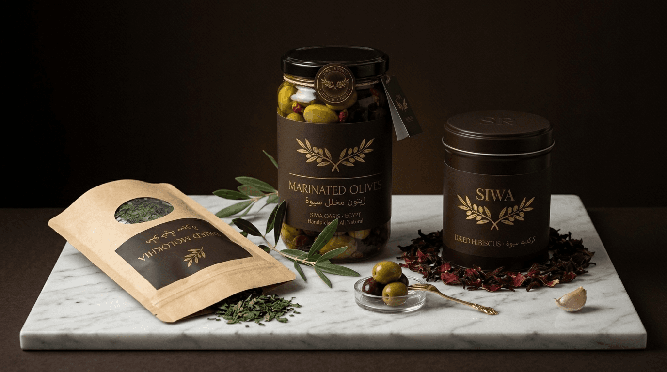 Siwa Reserve product family — marinated olives, hibiscus tin, molokhia pouch